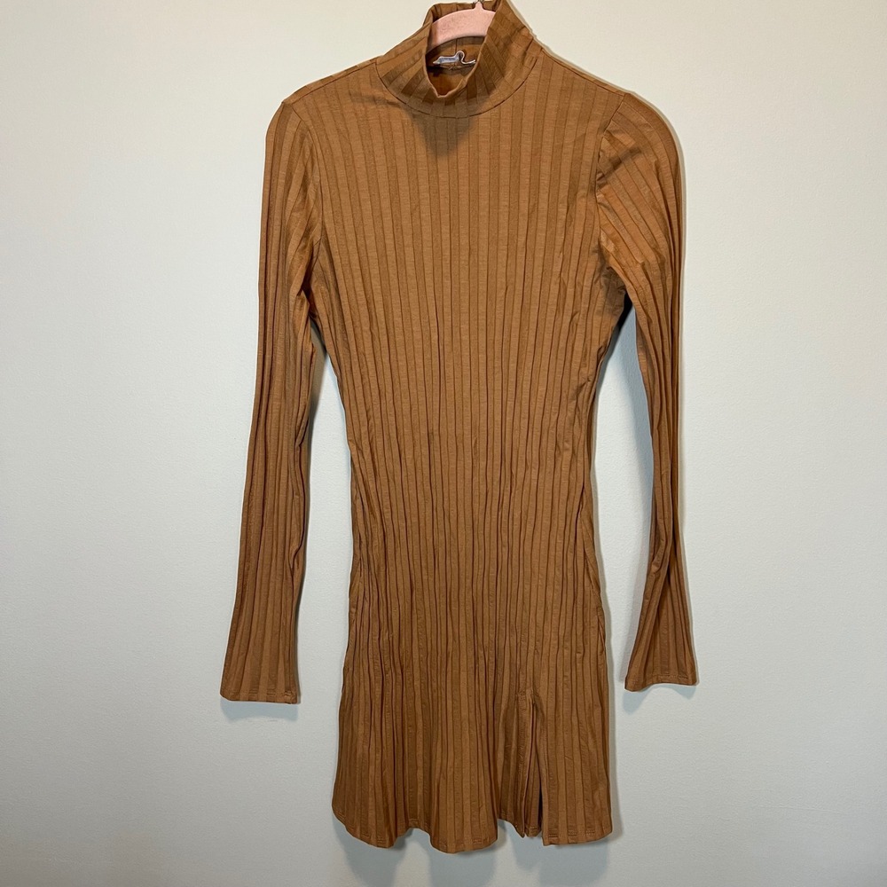 Reformation Brown Ribbed Mock Neck Long Sleeve Mini Dress Slit Size M USA